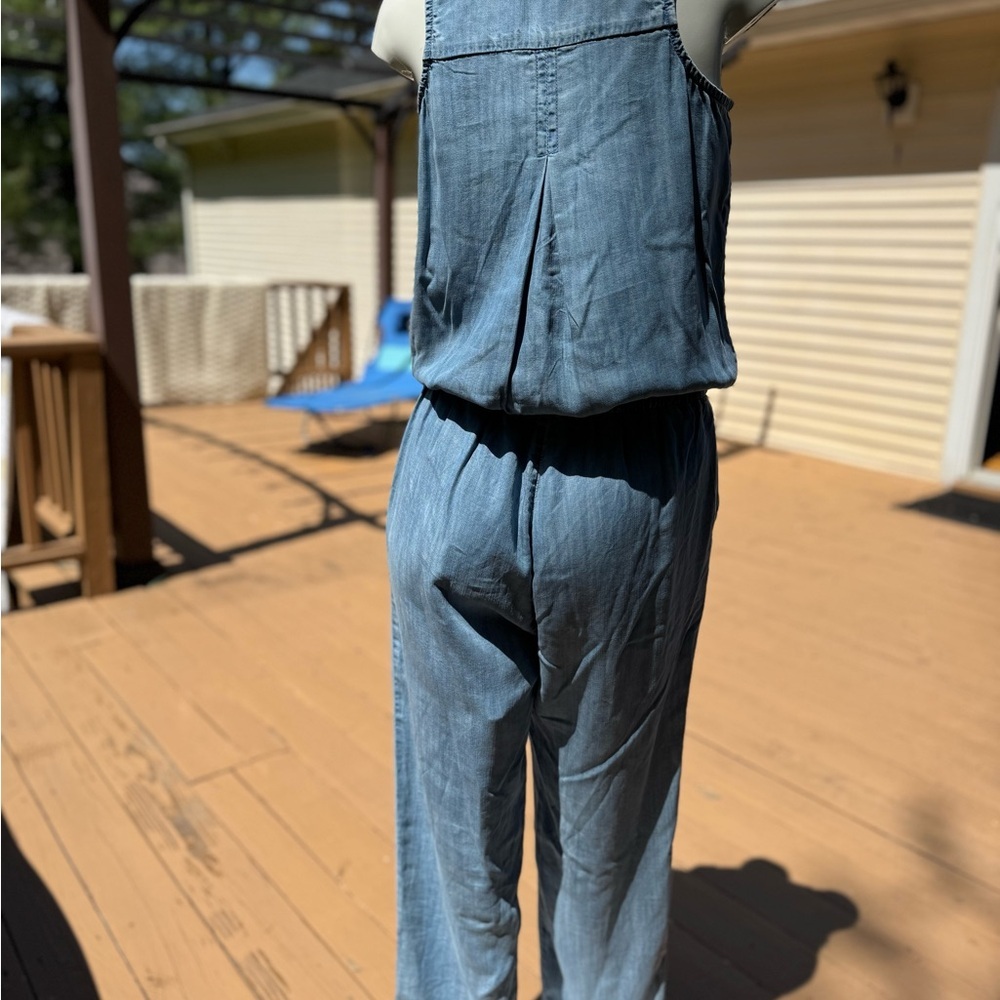 Boston Proper Blue Chambray Jumpsuit Size XS button up front tie elastic waist - Picture 6 of 12